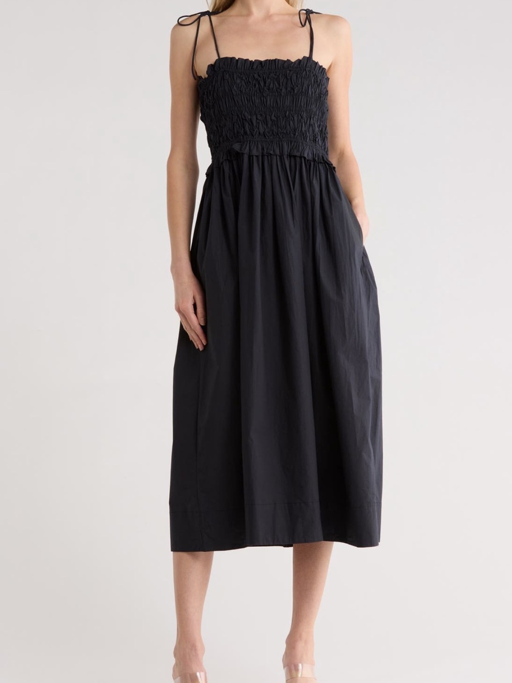 Ulla Johnson akshara Black Smocked Midi Dress with Tie Straps